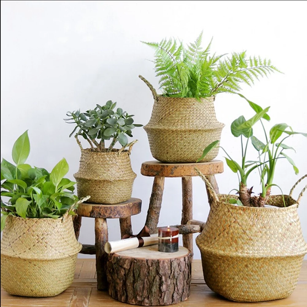 22/27/32cm Rattan Woven Hanging Flower Basket Collapsible Hanging Planter Eco-Friendly Home Clothes Storage Daily Storage Bags