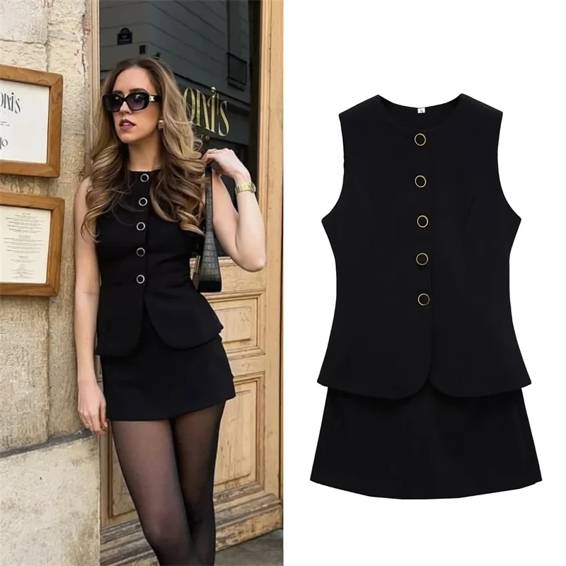

Women's Jumpsuit 2025 Autumn New Style Black Sleeveless Button Decorated Sexy Short Jumpsuit Commuting Fashion Personality