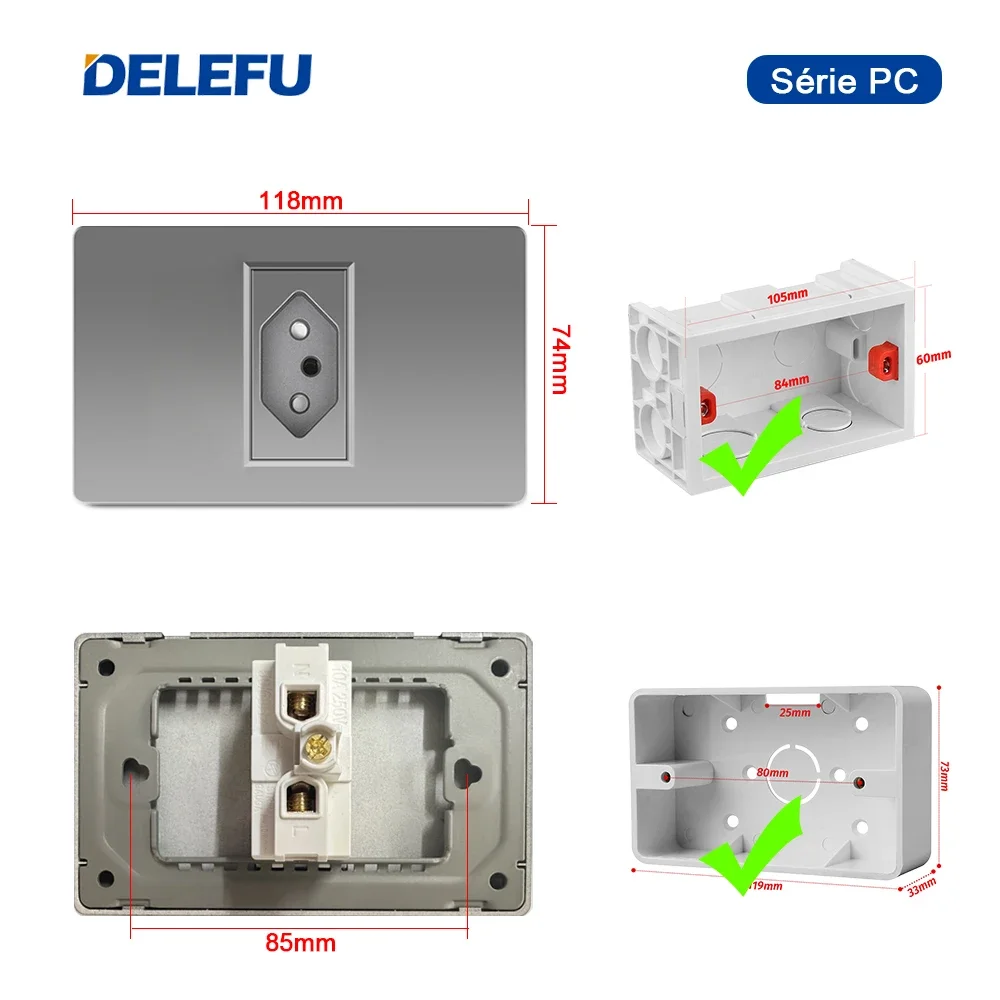 DELEFU-Panel ignífugo de PC, enchufe de pared individual, estándar brasileño, blanco, gris, negro, 10A, 20A, 118x72mm