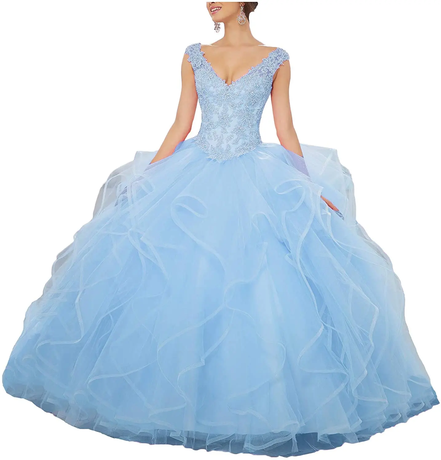 CharmingBridal V-Neck Long Formal Prom Dress Beaded Lace Ruffle Tulle Quinceanera Dresses Ball Gown Sweet 15 Dress Plus Size