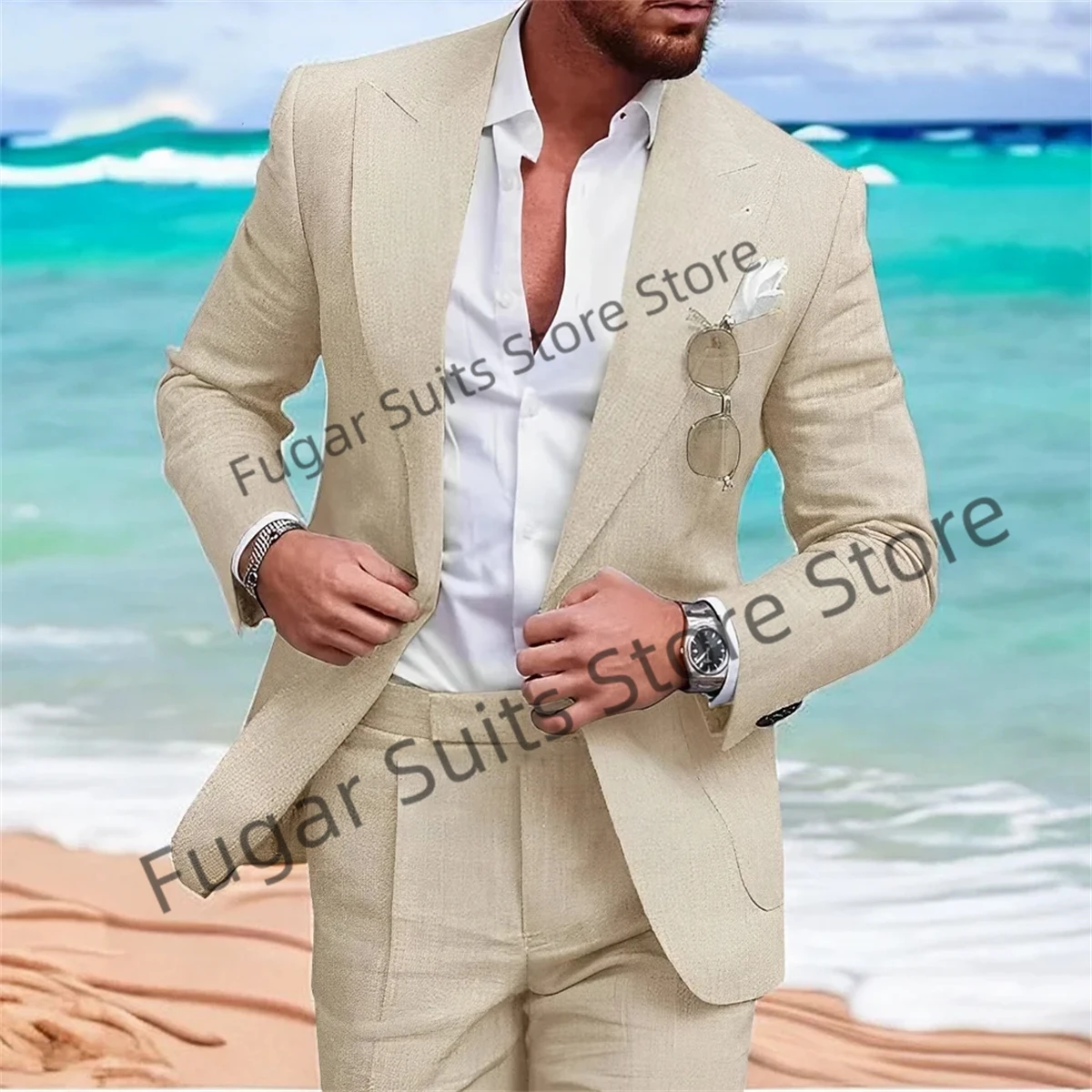 Casual Linen Men Suits Slim Fit Wedding Groomsmen Tuxedos  Casual Party Prom 2Pieces Sets High Qublity Male Blazer Costume Homme