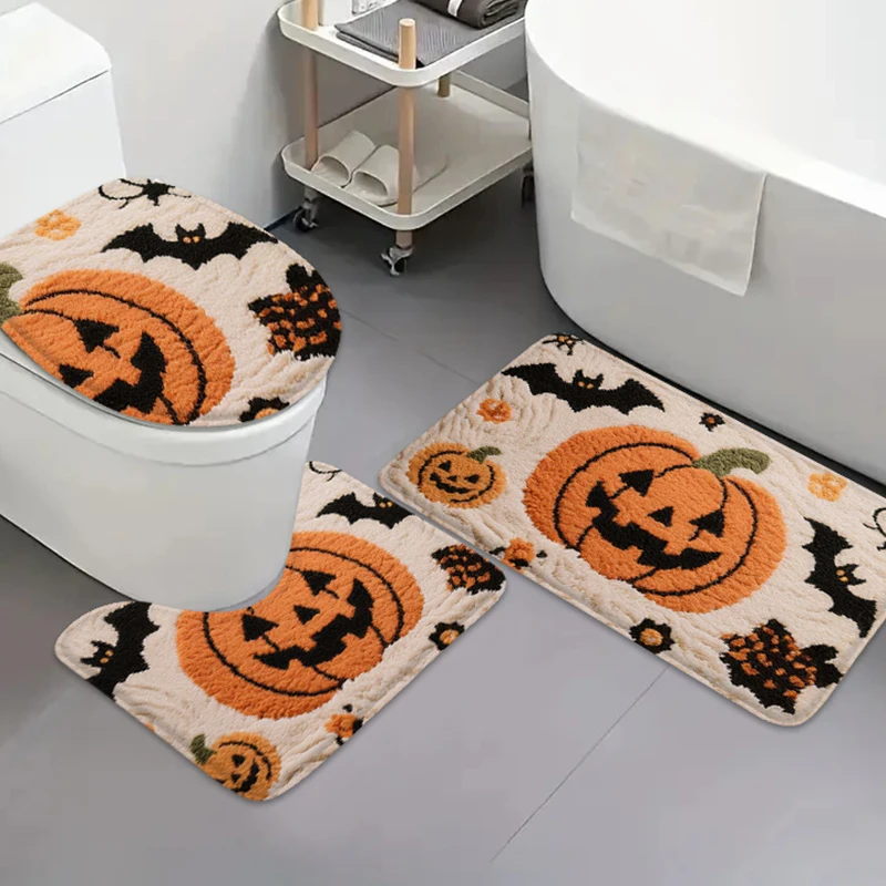 

3pcs Halloween cartoon image bathroom door mat toilet lid mat bathroom absorbent pad toilet U-shaped anti slip pad flannel carpe