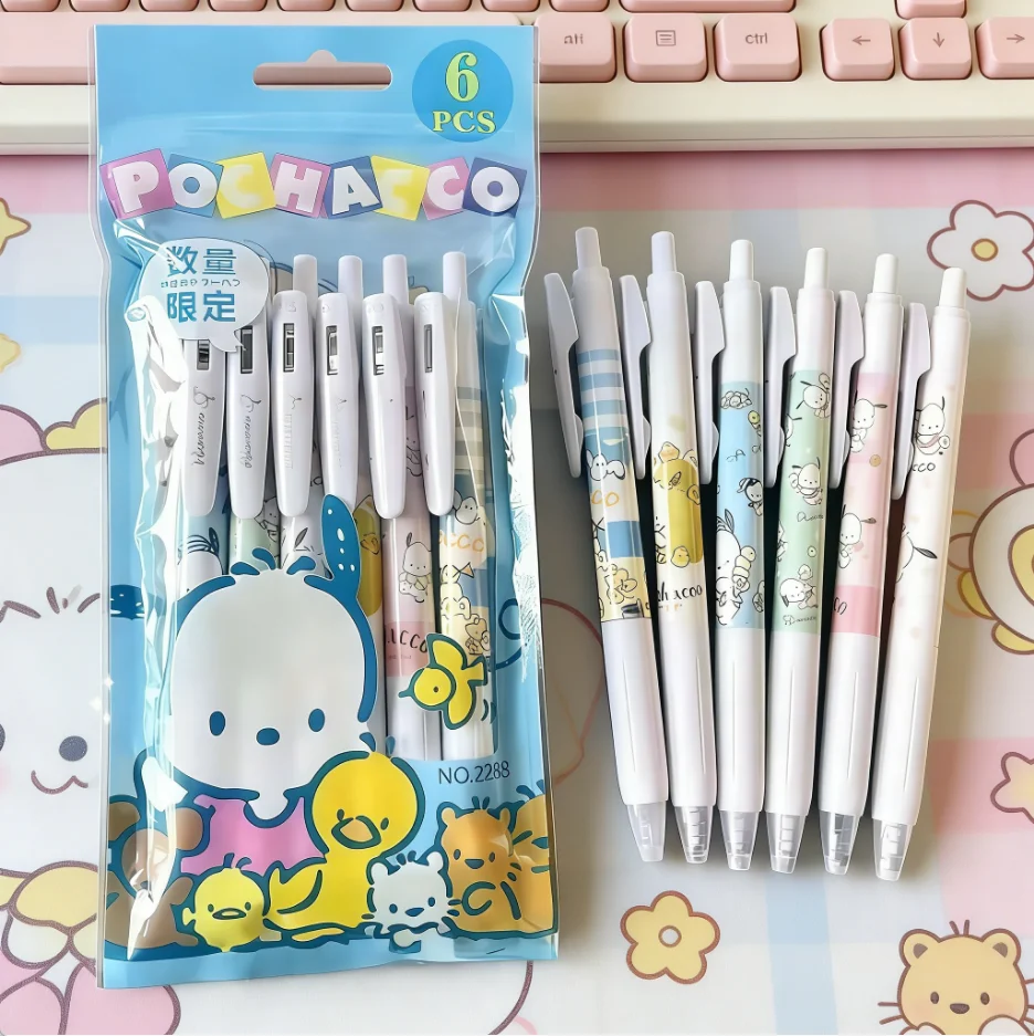 

6Pcs/Pack Cute Cartoon Retractable Pens for Writing Journal & Office Supplies Kawaii Sanrio Pochacco Gel Pens Smooth Sturdy