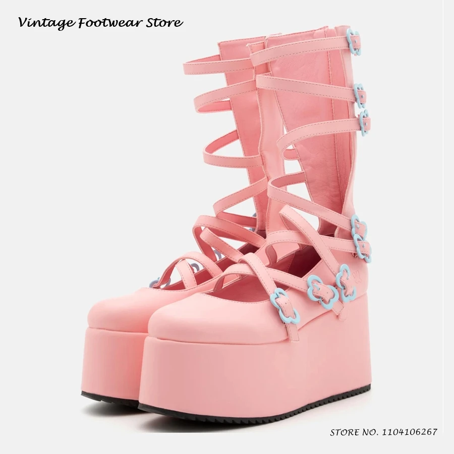 

Женские ботинки на платформе с пряжками-бабочками, ботинки до середины икры на танкетке с круглым носком и толстой подошвой, весенне-летние ботинки, увеличивающие рост