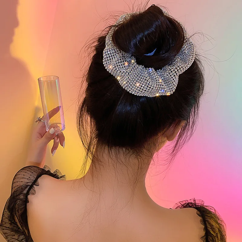 Błyszcząca gumka do włosów z cyrkoniami, duża elastyczna gumka typu scrunchie, opaska do włosów do kucyka, damska gumka do włosów, akcesoria do włosów K0
