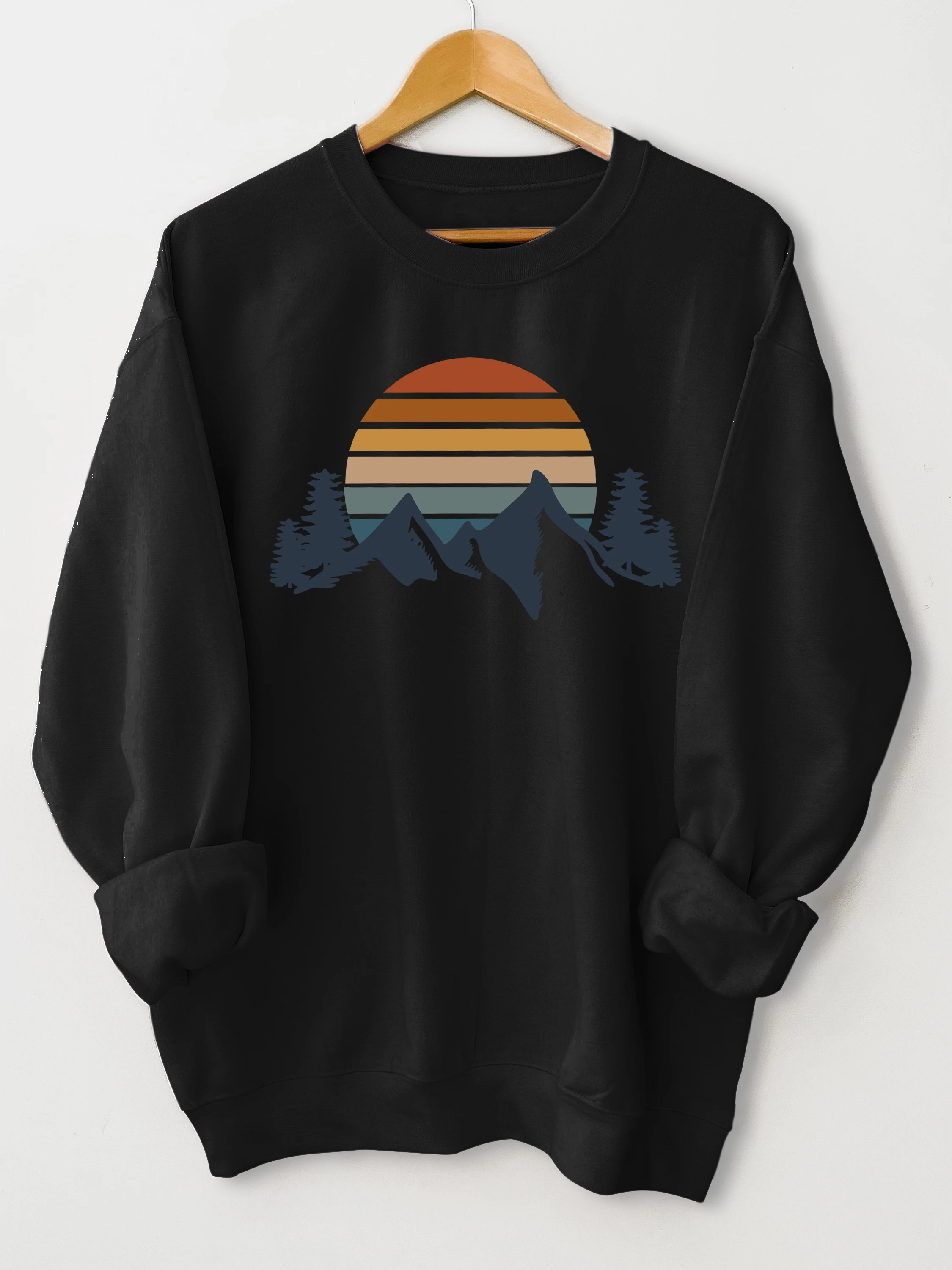 

Sunset print sweatshirt, crew neck casual sweatshirt for winter & fall, women's clothing