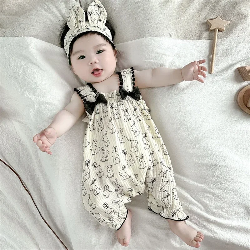 New Infant Summer Sling Dress Hair Bands Set Thin Princess Toddler Bodysuit Cute Rabbit Baby Girl Romper Versatile Kids Clothing