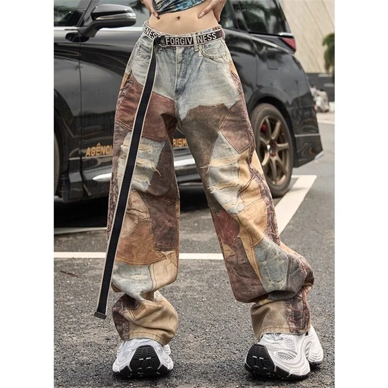 Women's Splicing Printed Ripped Unisex Pants Cool Girl Vibe Street Fashion High Waist Bottoms Female Straight Wide-leg Trouser