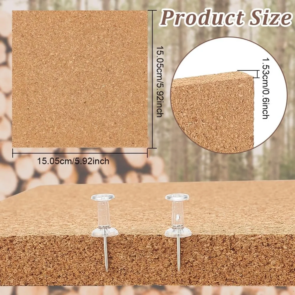 2PCS Square Bulletin Boards 6 x 6 inch Non Self-Adhesive Wood Cork Board 0.6 inch Thick Square Cork Board Cork Tiles for Wall