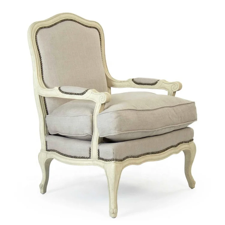 

French farmhouse antique wooden armchair lounge living room furniture accent natural linen accent chair