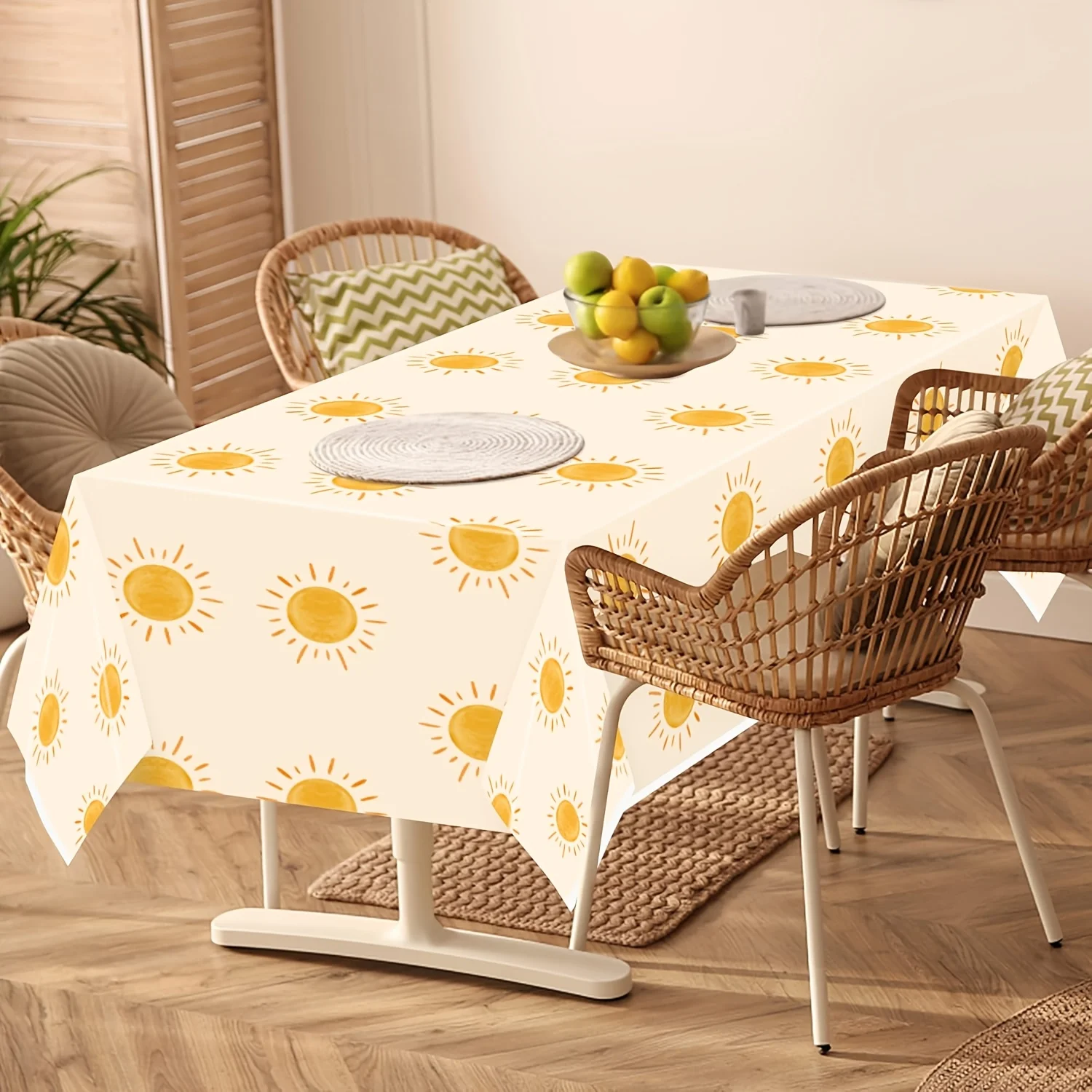 VIKAMA Sun Tablecloth Cream Yellow Sunshine Watercolor Rectangular Washable Dining Table Cover Summer Kitchen Kids Home Decor