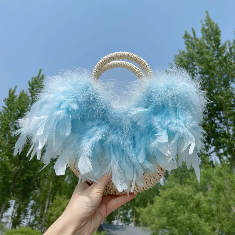 Women's Real Turkey Ostrich Feathers Bag Straw Woven Handbag Crossbody Handbag Eco-Friendly Fashion Accessory for Ladies