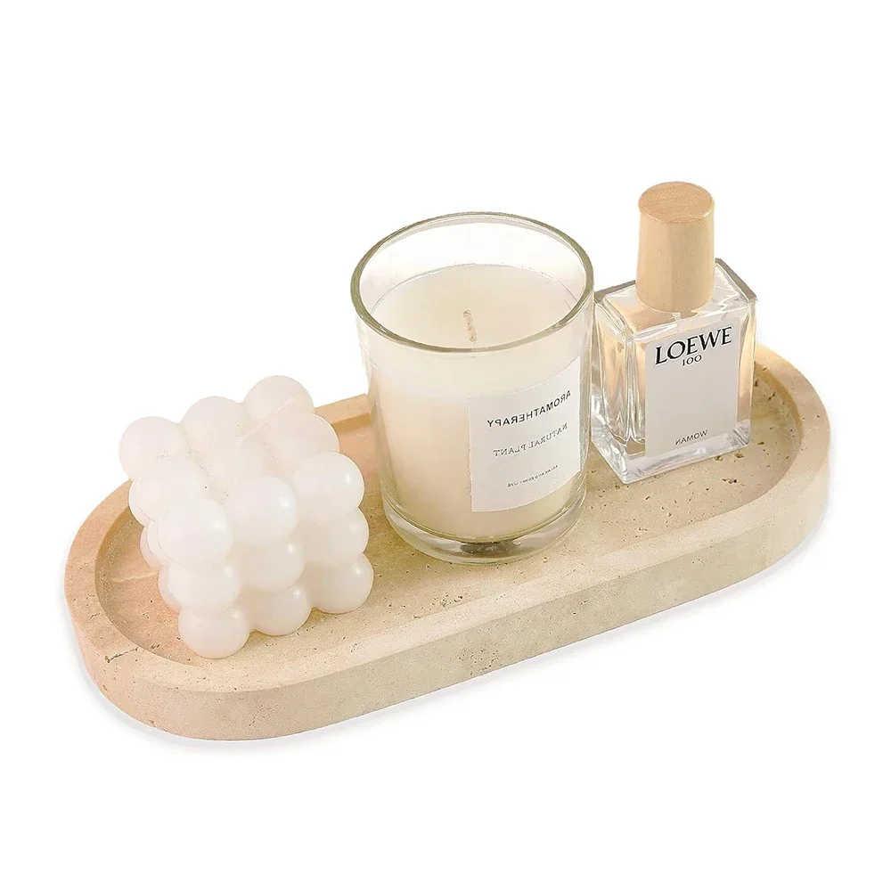 Travertine Stone Tray for Soap Dispenser Jewelry Perfume Natural Marble Decorative Tray for Bathroom Countertop Vanity Dresser