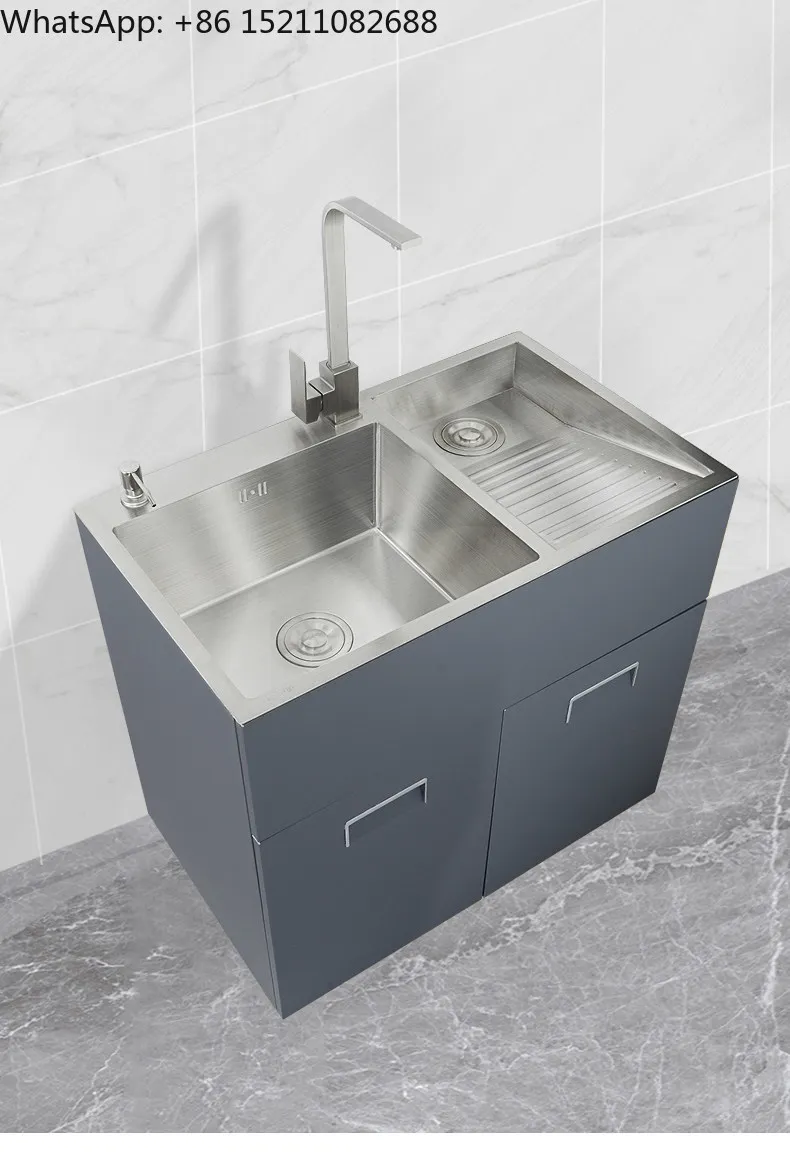 XMH Laundry Sink Integrated Cabinet Household 304 Stainless Steel Handmade Double Slot with Washboard