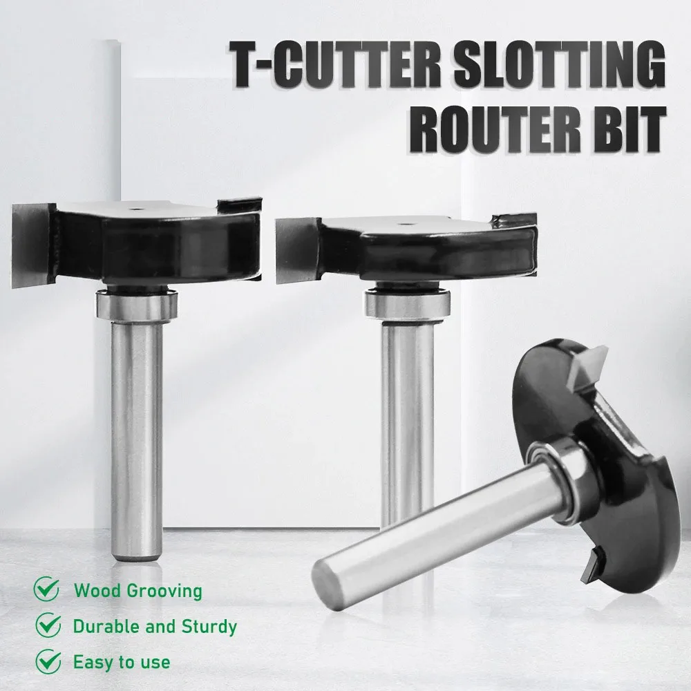 1PC 8MM Shank Milling Cutter Wood Carving T-Slot Router Bit with Bearing - Double Edge Grooving Cutter for Wood Slotting Edging