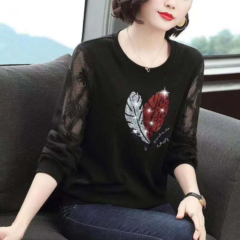 2024 New Spring Autumn Women Fashion Commute Spliced Lace Hollow Out Long Sleeve Round Neck Printed Diamonds Loose T-shirts Tops