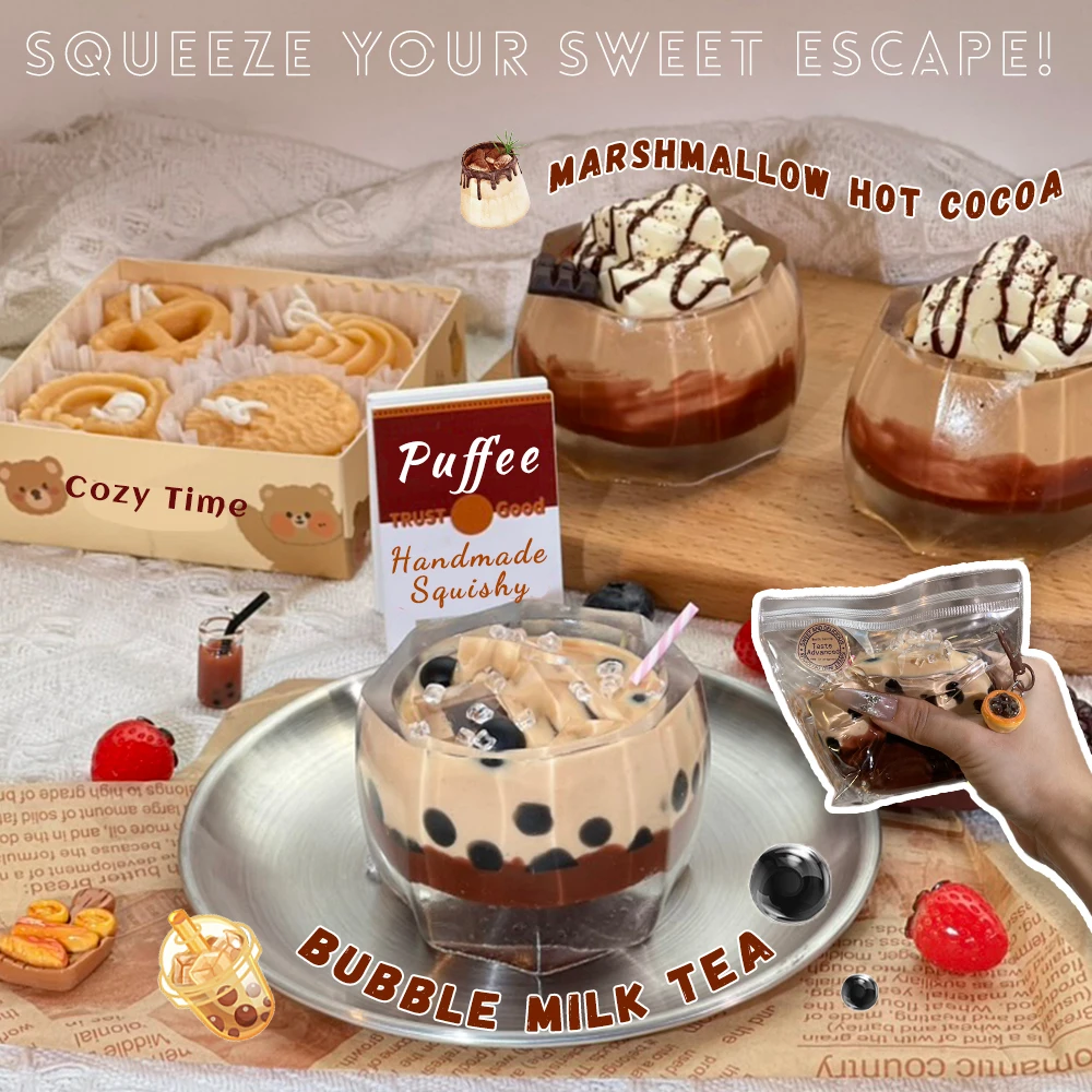Bubble Milk tea Food-grade Silicone Squishy Toy, Marshmallow Hot Cocoa, Creamy Soft Adhesive Toy, Taba Squishy, Boba Drinks
