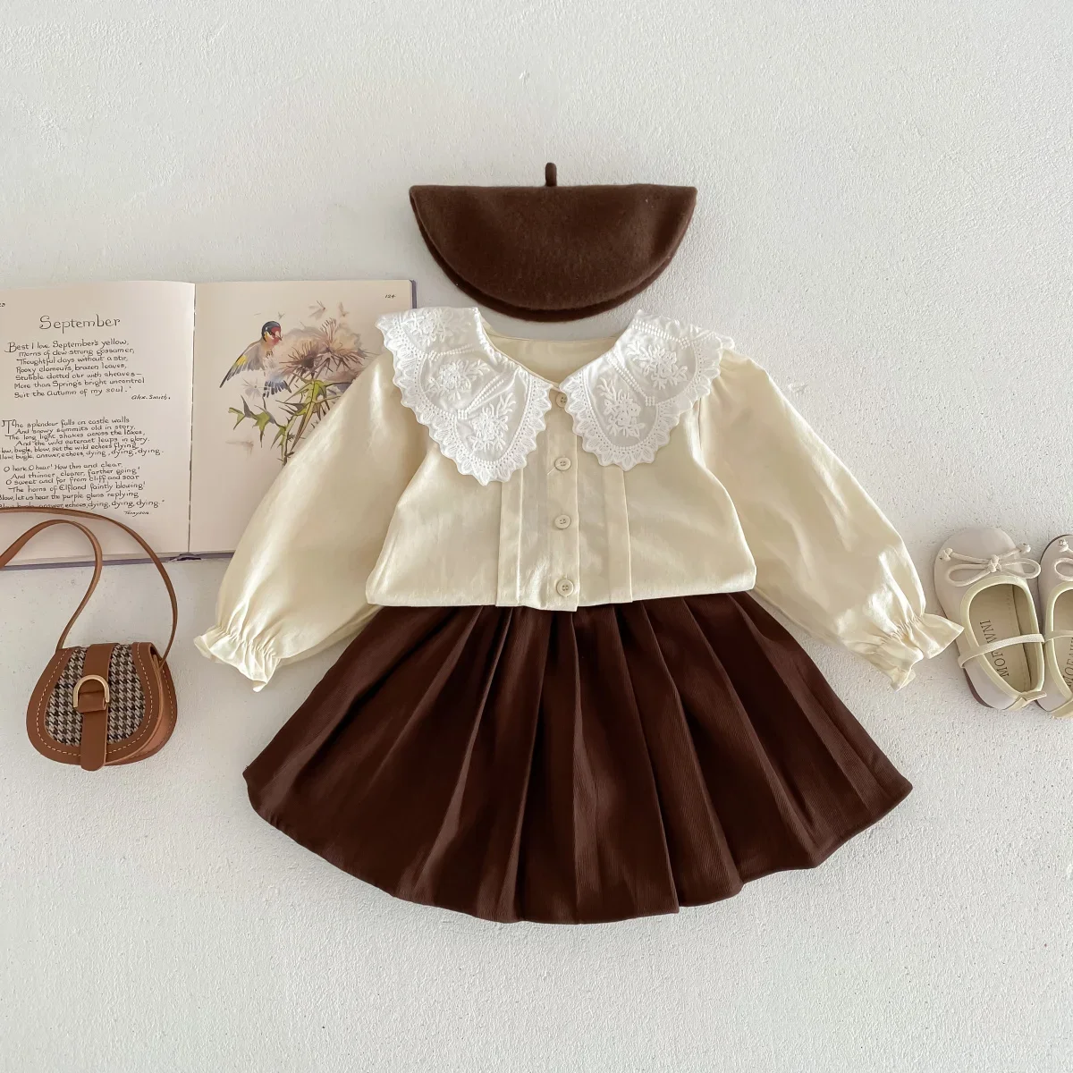 2024 Autumn Kids Baby Girls Academic Style Clothing Set 3pcs - Children Knitted Cartoon Vest+lace Collar Shirts+pleat Skirts