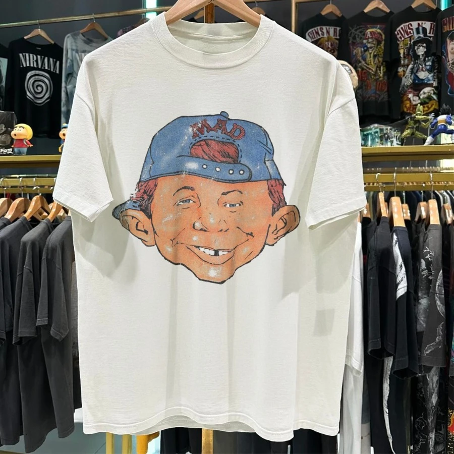 90's Rare Alfred E. Neuman Vintage Washed White T-Shirt Y2K Style Underground Print Loose Retro Summer