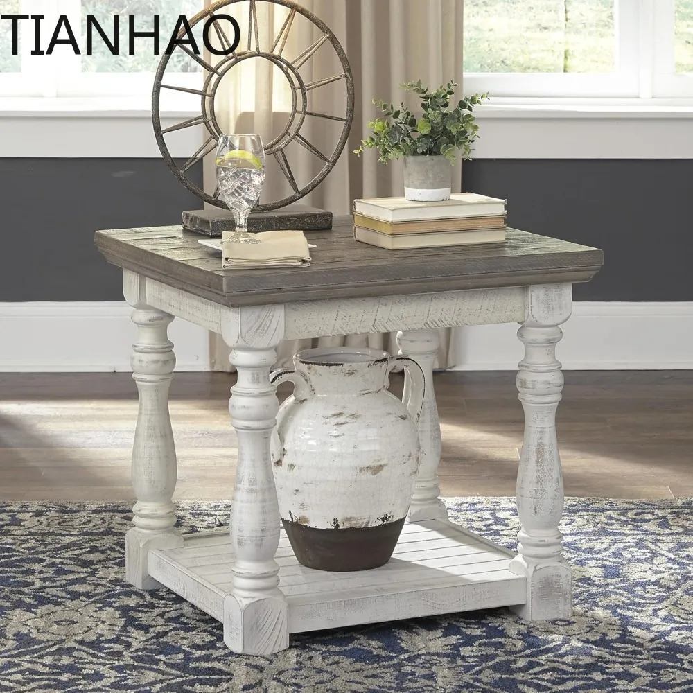 havalance farmhouse square end table with floor shelf, vintage gray & white with weathered finish