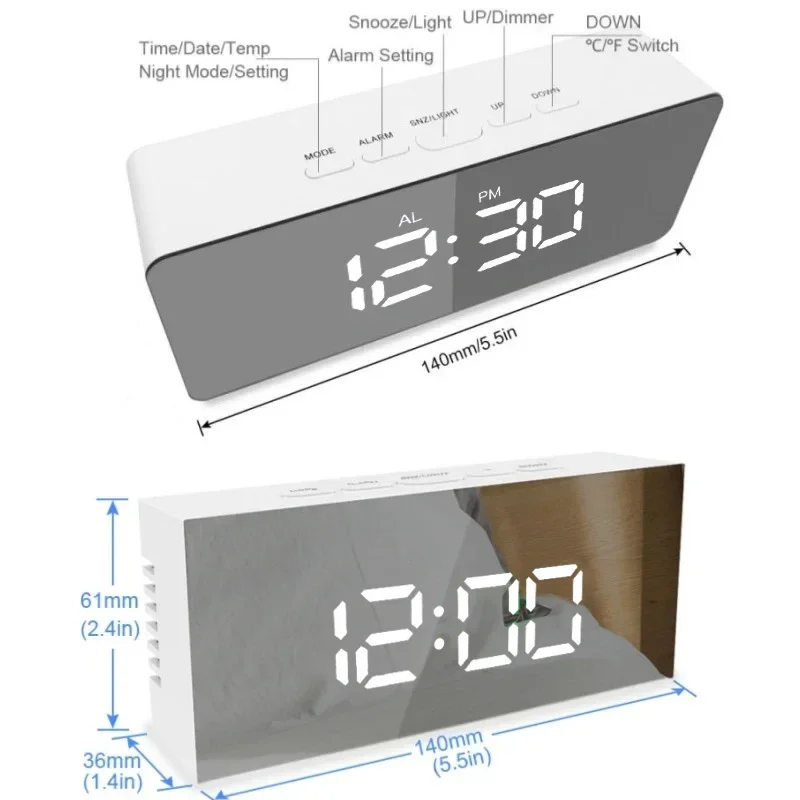 Mirror Alarm Clock Temperature Date 2 Display Mode Night Mode Snooze Table Clock 3 Level Brightness USB LED Digital Clock