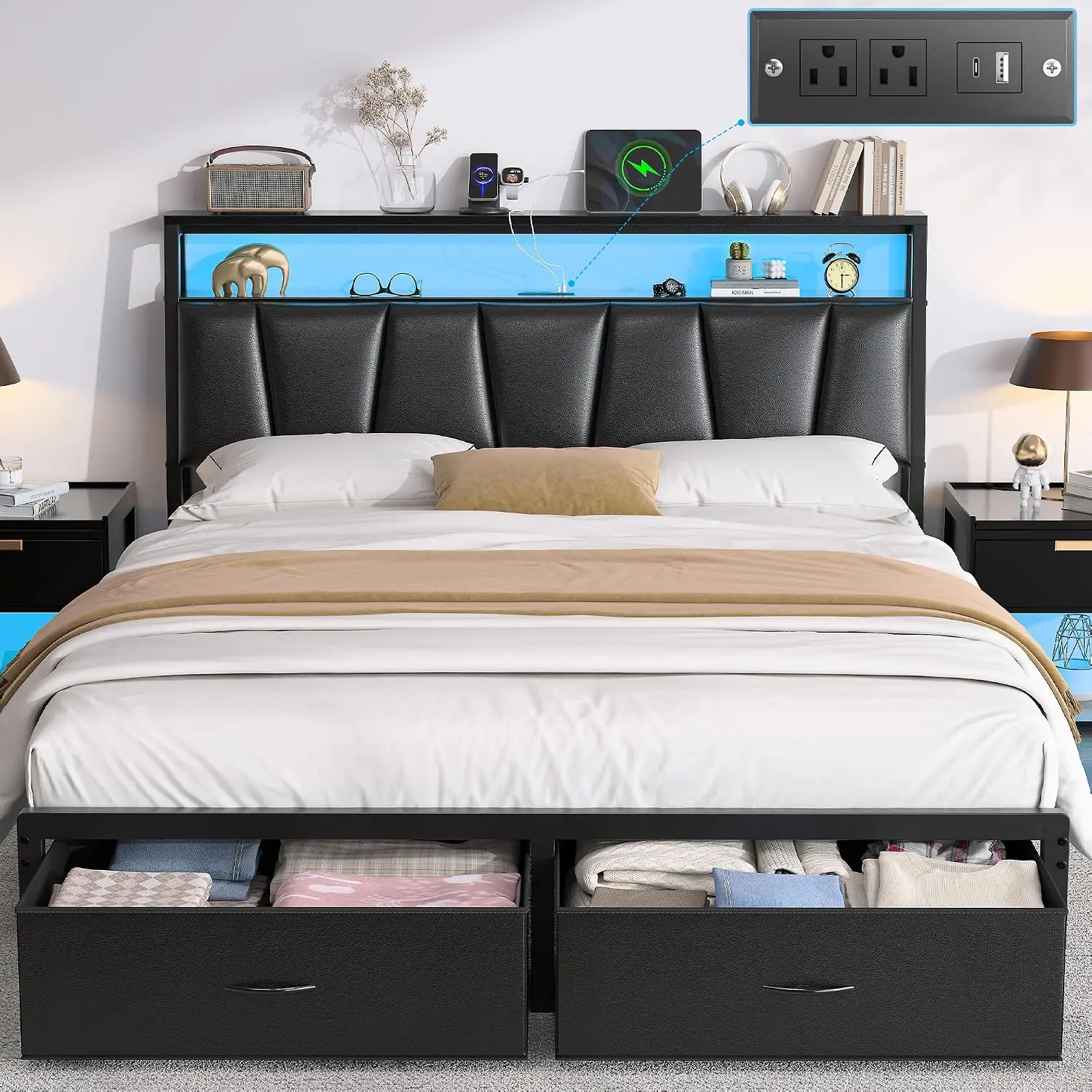 Queen Bed Frame With 2-Tier Storage Headboard & 2 Drawers, Black, Customized