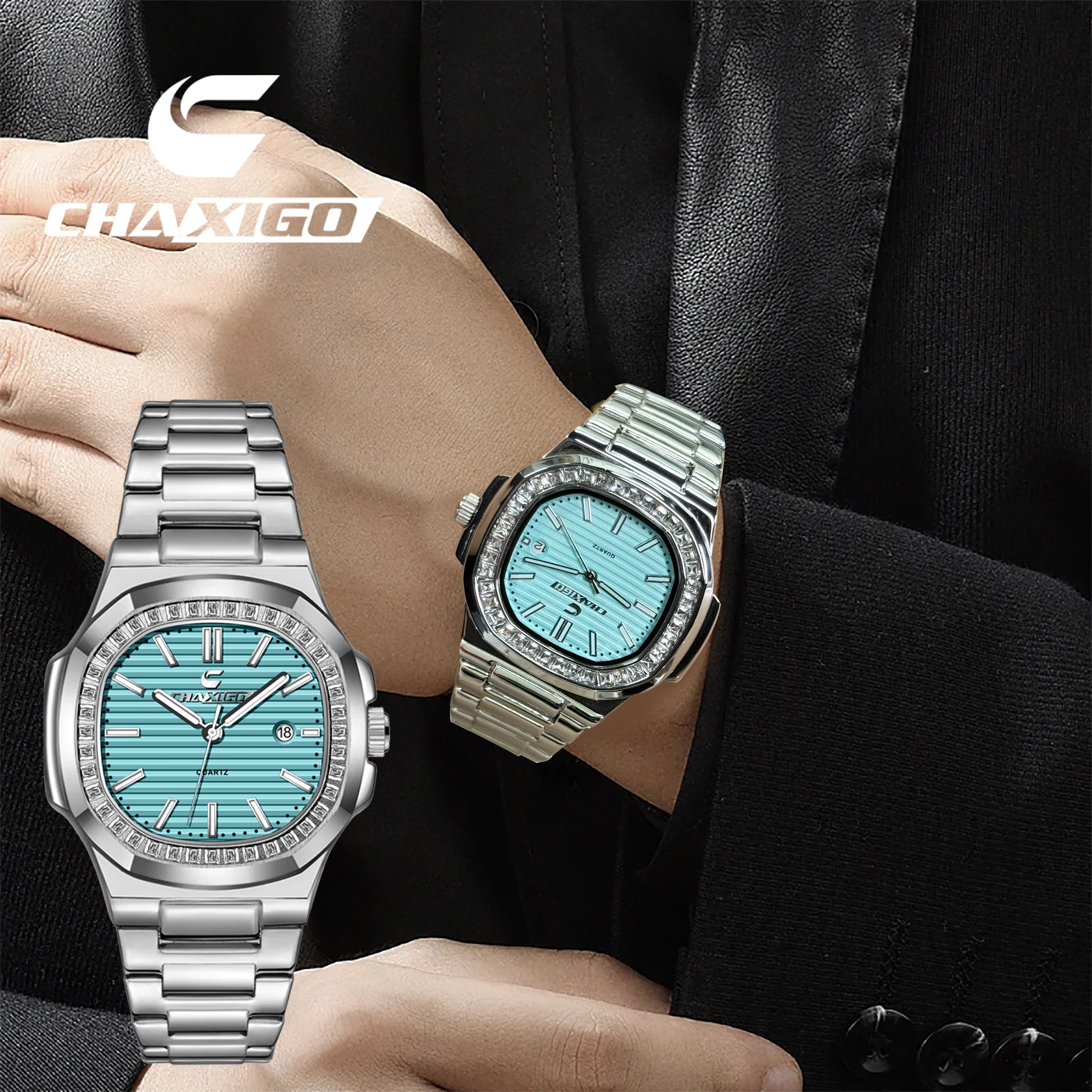 

CHAXIGO Мужские роскошные часы с ремешком из нержавеющей стали и датой, светящаяся отделка, водостойкие, деловые часы