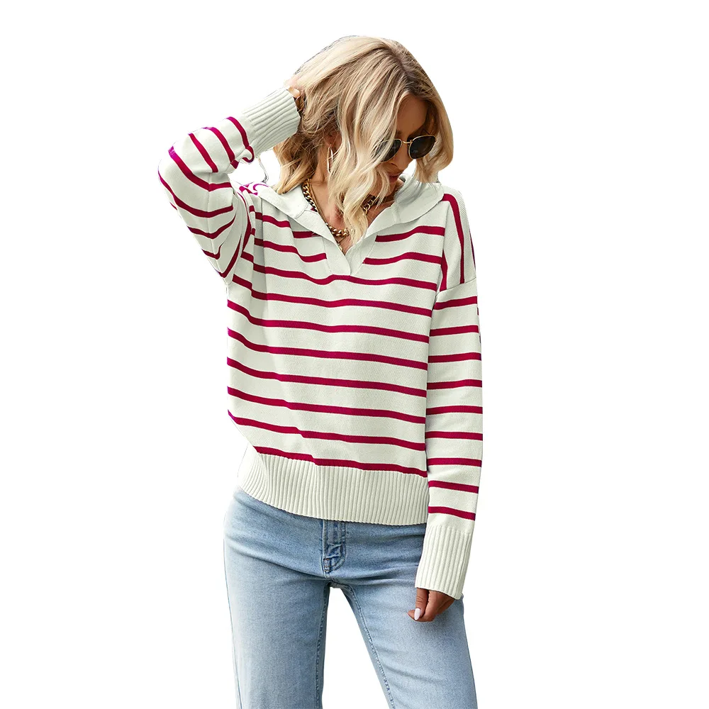 Autumn and Winter New Striped Sweater for Women Turn-down Neck Soft and Comfortable Warm Top Fashion Casual Pullovers