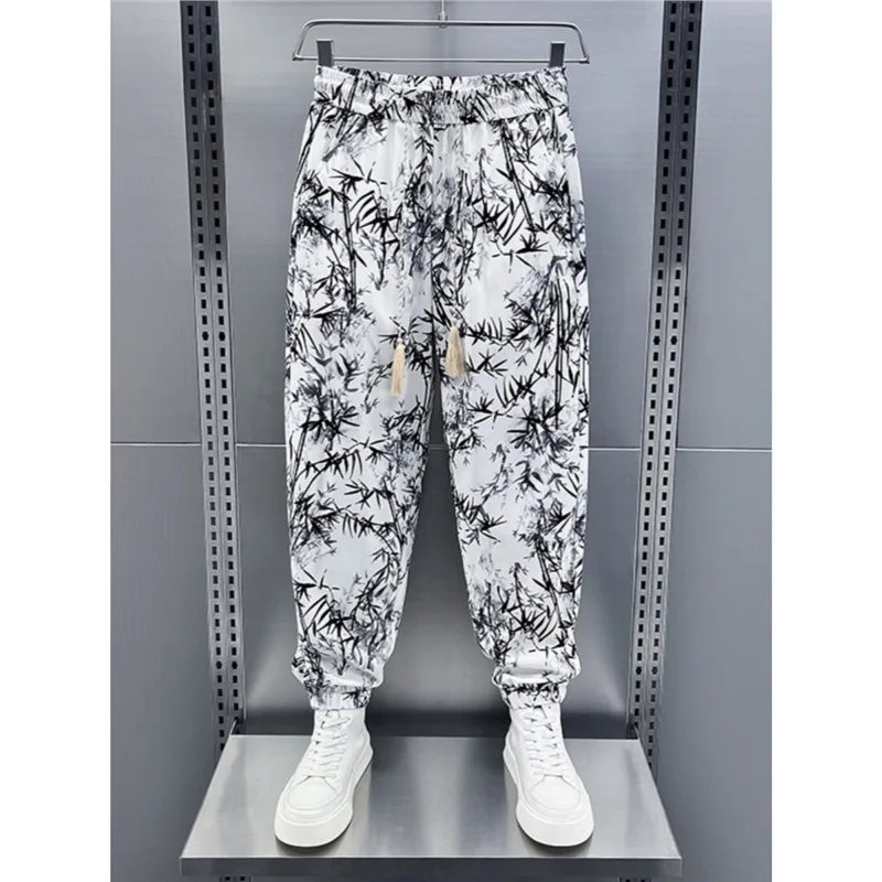

Men's Oriental Print Harem Pants, Cuffed Ice Silk Trousers with Asian Style Floral Pattern