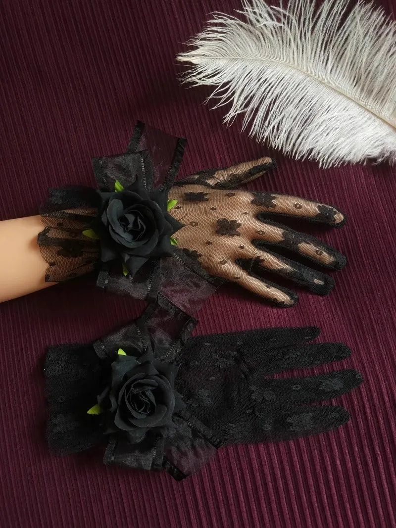 High Quality Gothic Black Gloves With Flower Bowknot Lace Trim Maid Cosplay Accessories For Women Girl Party lolita accessories