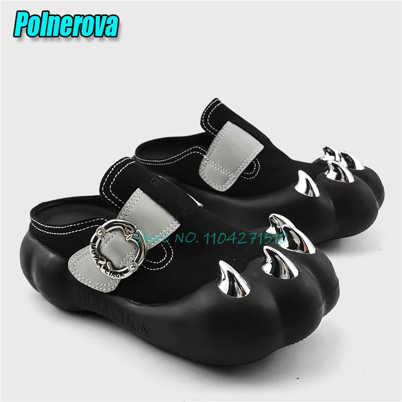 Novelty Cat Claw Toe Rivet Half Slippers for Women Metal Buckle Platform Slip-On Mules Summer New Thick Soled Casual Flat Shoes