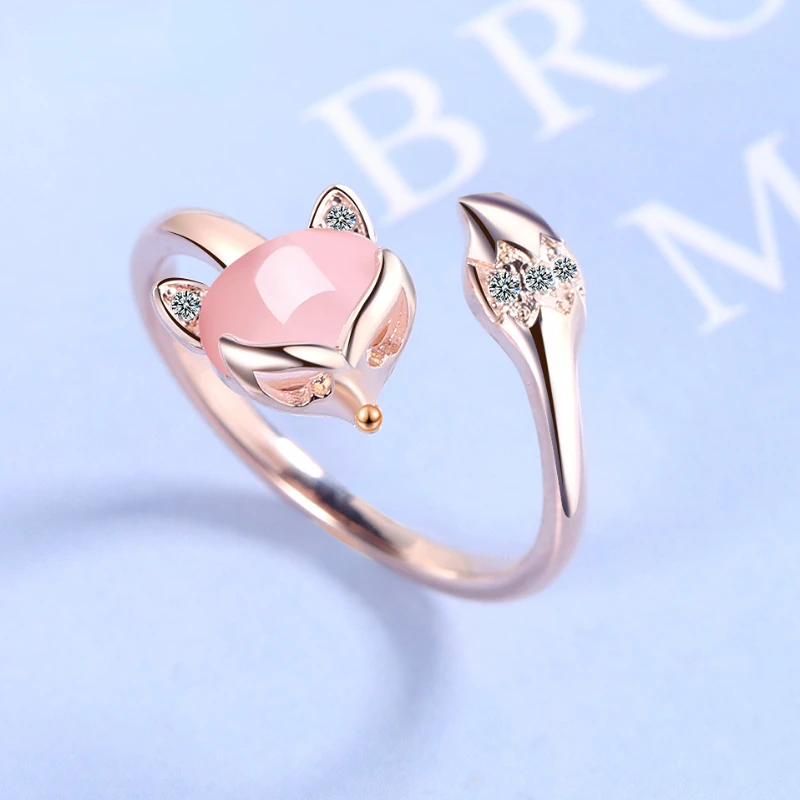 925 Sterling Silver Rose Gold New Woman Fashion Jewelry High Quality Crystal Zircon Agate Foxes Ring Open Adjustable ring Gift