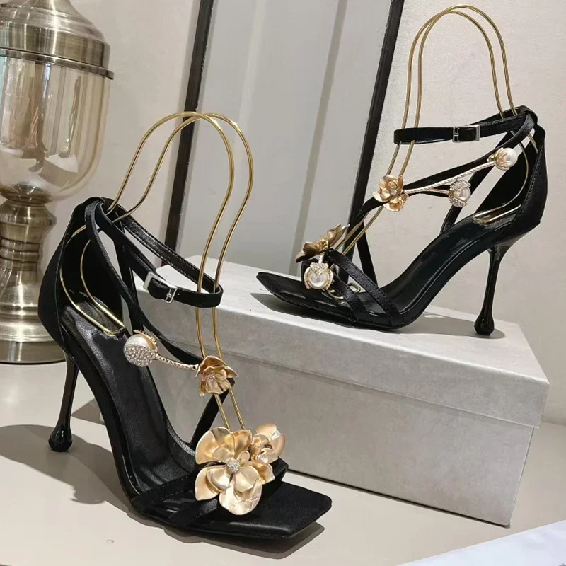 

Flower Decoration Cover Heel Sandals One Word Belt Thin Heel Square Toe Size 35-40 New Arrivals Fashion Woem Shoes