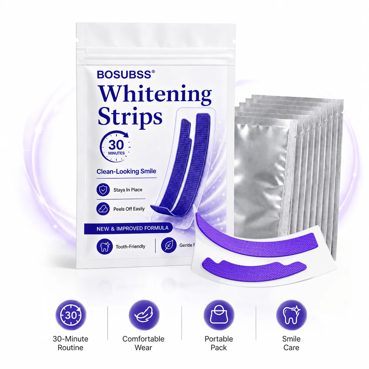 2 Pairs Purple Teeth Strips, Smile Care Oral Beauty Stickers, Easy Home Use Gentle Fit Daily Smile Routine view 6