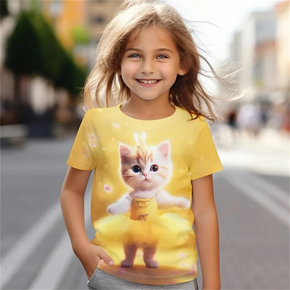 Kawaii Cat T-Shirts Girl Short Sleeve Tee Tweens Girls Clothing Summer Round Neck Children's T-Shirt Fashion Tops Girl T-Shirts