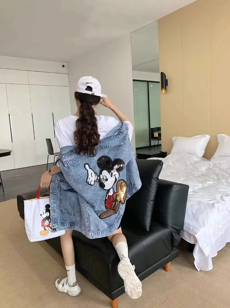 Casual Denim Vest Women's Spring Loose Beads Cartoon Versatile Tooling Sleeveless Waistcoat Large Pocket Single-breasted Jacket