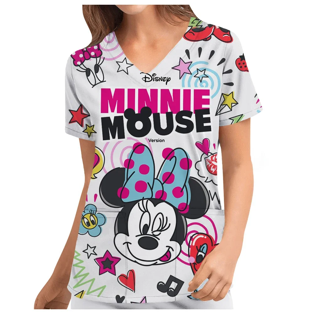 Disney Minnie Mickey Mouse print V-Neck Scrub Uniforms Pet Grooming Nurse Spa Caring Shirt uniformes