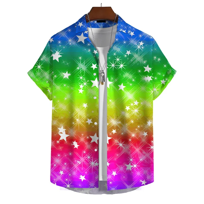 2024 3d Print Rainbow Shirt Men Summer Lapel Short Sleeved Holiday Party Shirts Streetwear Hip Hop Blouse Tops Male Clothing