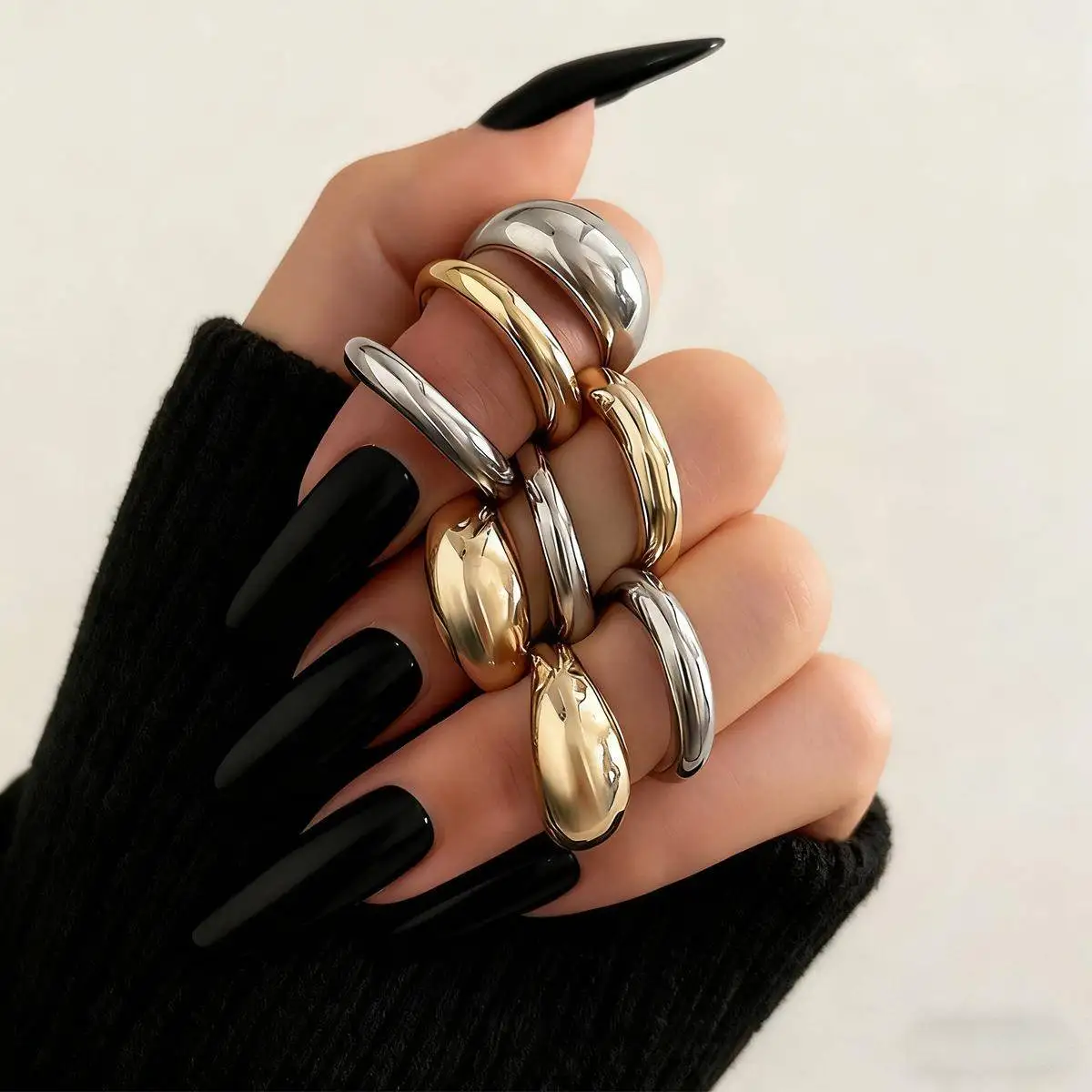 

Faionable Smooth Alloy Open Ring Set 8pcs Geometric Exaggerated Ring Arc Surface Finger Ring Couple Jewelry Accories