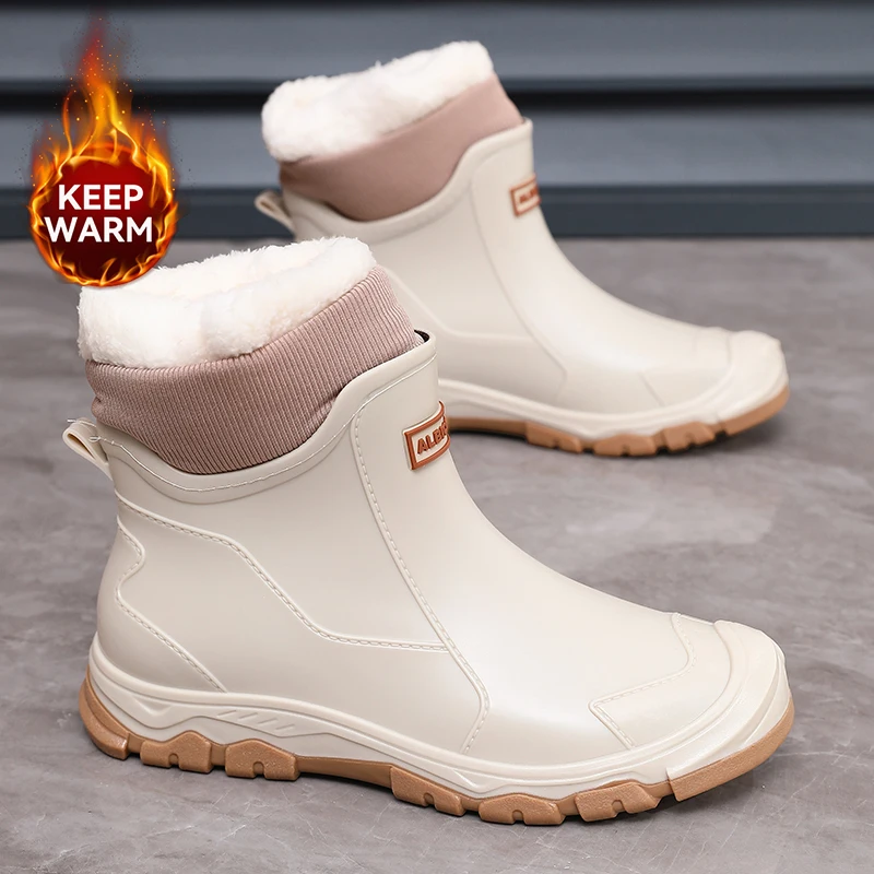 Couple Winter Warm Plus Velvet Men's Rain Boot Extra Large Black Water Shoes Mountain Style Men's Rubber Shoes Fishing Boots New