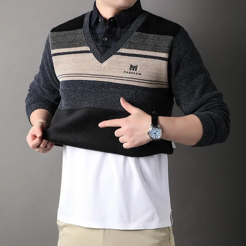 

Men Thickened Sweater Pullover Striped Velvet Clothing Autumn Winter Crew Neck Jumpers Fashion Knitwear