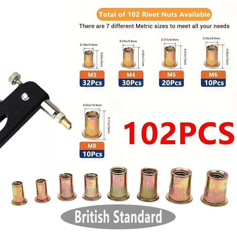 102/130/139/175/320/460PCS Metric and British Rivet Nut Set Box, Rivet Nut Set for Metric and Imperial Systems