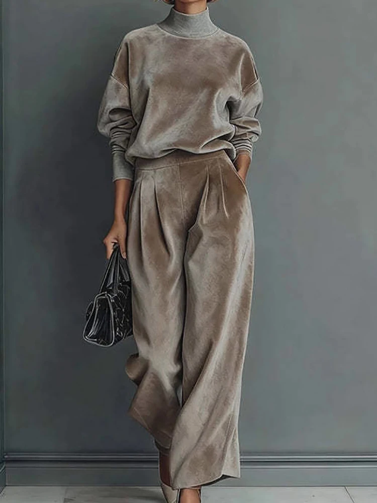 

Turtleneck Solid Top And Casual Pants 2PCS Sets, Women Autumn Wide Leg Pants Chic Outfits, Elegant Patchwork Simple Ladies Suits