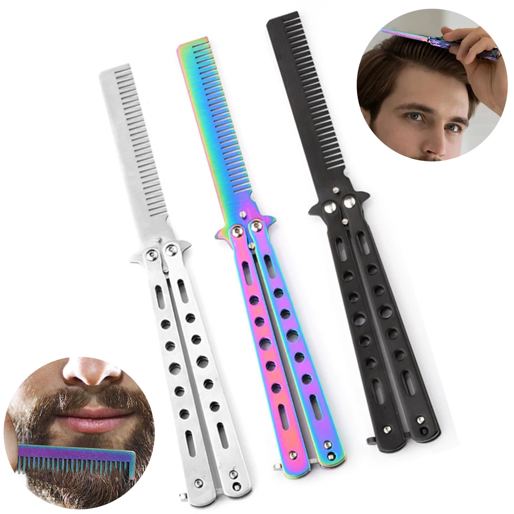 Stainless Steel Hair Comb Butterfly Foldable Comb Practice Beginner Training- Metal Comb Men Oil Hair Styling Accessories Tool