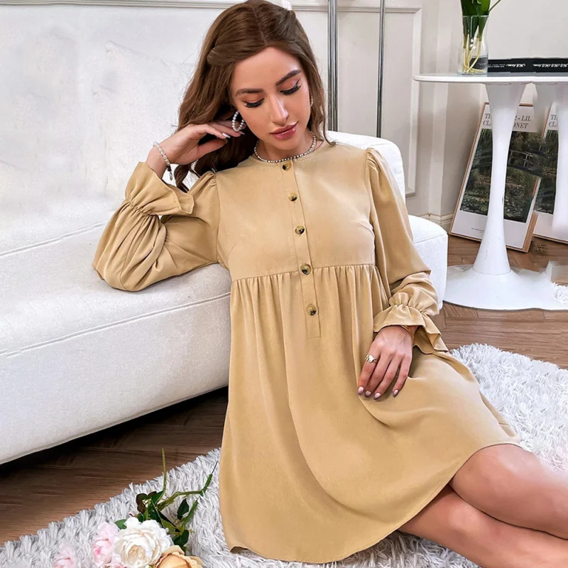 

YQ1-Women's New Fresh Sweet Loose Single-Breasted Round Neck Long Sleeve Doll Dress