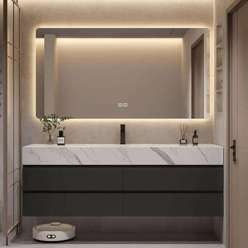 HG New Black Rock Slab Bathroom Vanity Moisture-Proof and Wear-Resistant Specifically Designed for Commercial Spaces