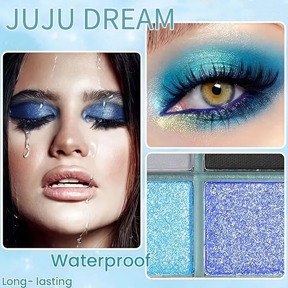 Palette di ombretti blu a 9 colori, tonalità luccicanti perlescenti opache, impermeabili, resistenti al sudore, a lunga durata, facile miscelazione, unisex