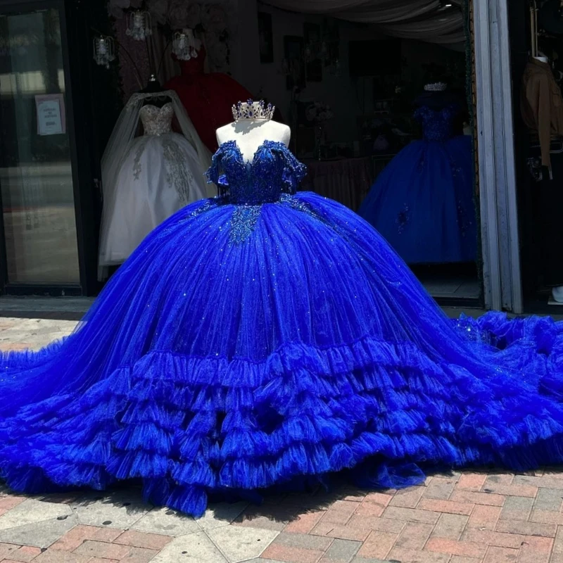 

Royal Blue Shiny Quinceanera Dresses Off The Shoulder Lace Beading Tiered Tull Party Birthday Sweet 16 Dress Vestidos De 15 Anos