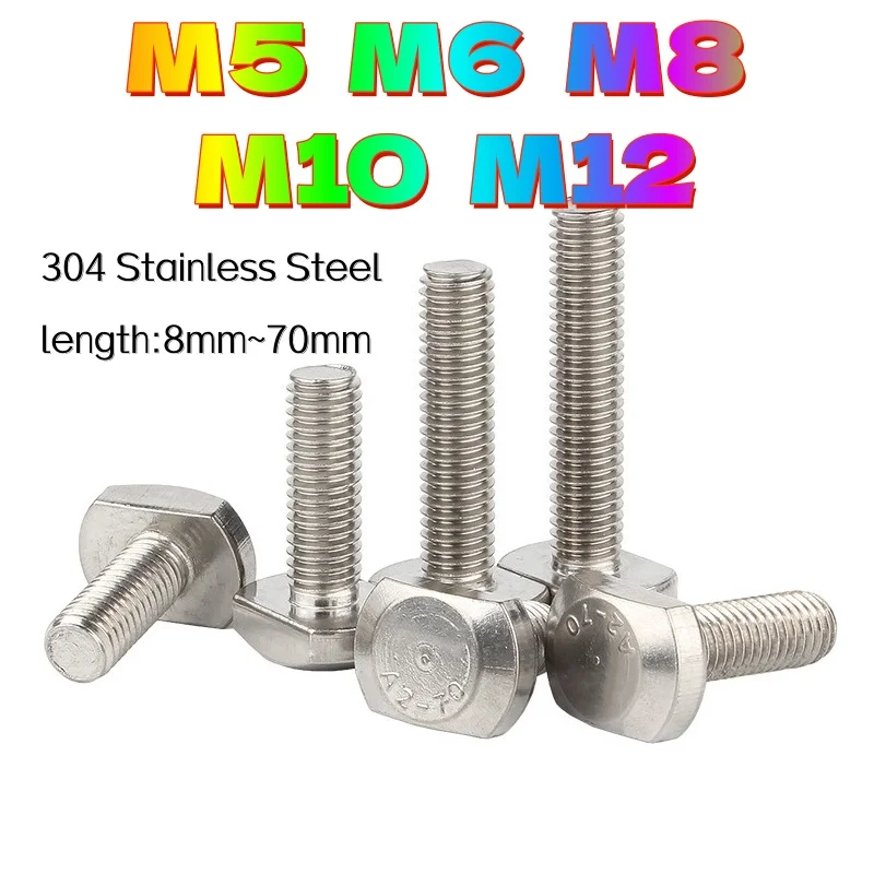 GB37 Bolts For T-Slot M5 M6 M8 M10 M12 304 Stainless Steel T Shape T Hammer Head Bolt Rectangle Machine Screws Chute T-Bolt
