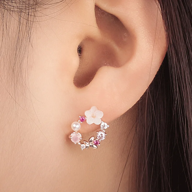 Fashion White Small Flower Stud Earrings for Women Pink Rhinestones Round Circle Earrings Hollow Geometry Cute Jewelry
